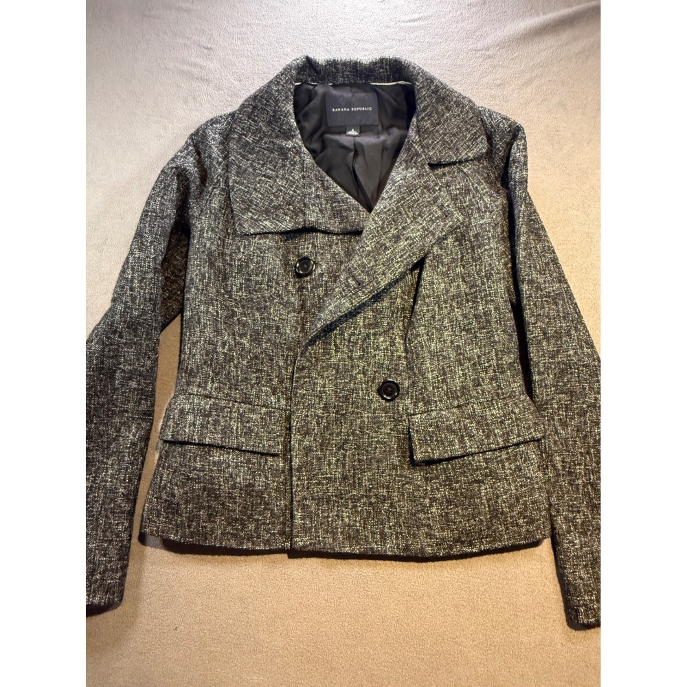 Banana Republic Womens Black White Tweed Double Breasted Blazer Jacket Size 4
